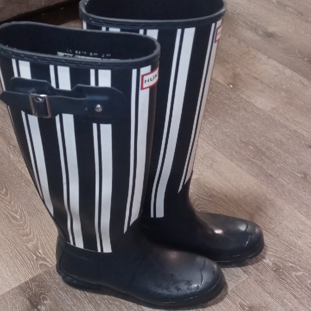 Hunter Black and White Striped Tall Boots